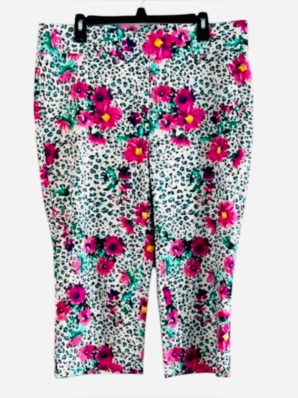 Avenue Floral Cheetah Animal Print Capri Pants 16 Stretch Pull On Cropped